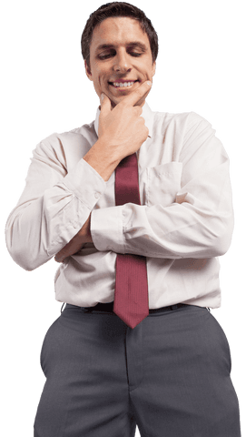 Thoughtful Businessman Smiling with Hand on Chin, Transparent Background