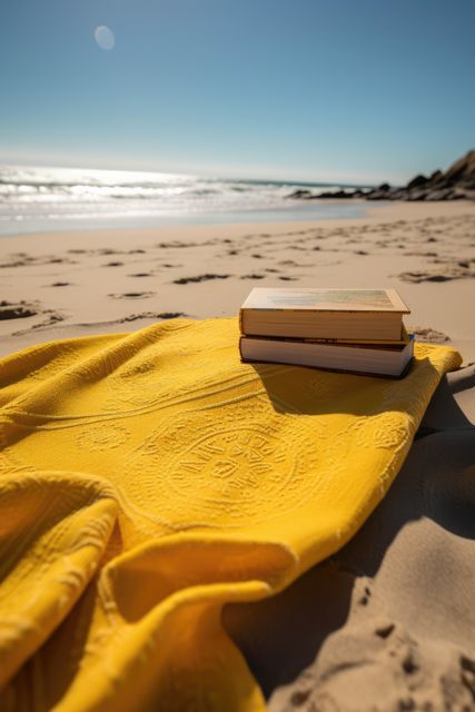 Bright sunny day at beach with books resting on yellow blanket. Perfect for depicting leisure, reading, and relaxation during a summer holiday. Useful in advertisements for vacation rentals, beach resorts, or reading promotions.