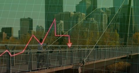 Commuter leaning on footbridge railing overlooking city skyline with falling market overlay