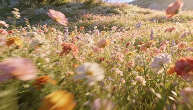 Swaying pastel wildflower meadow bathing hillside in golden backlit breeze, dreamy blossoms