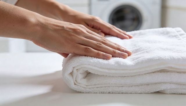Hands folding plush white towels on laundry counter with front-load washer