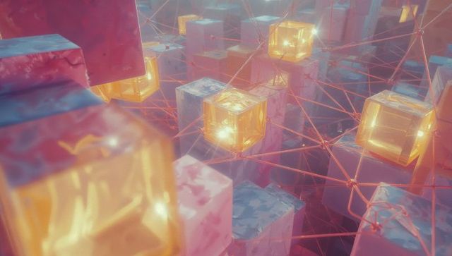 Glowing amber cubes interconnected in futuristic 3d space