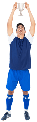 Joyful Football Player Holding Trophy and Celebrating Victory