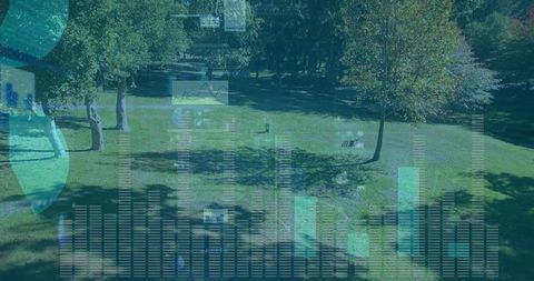Augmented reality technology overlays in tranquil park setting
