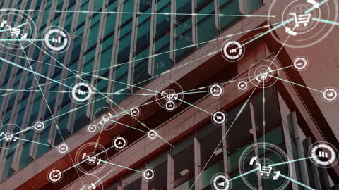 Digital Network Connections Over Modern Urban Architecture