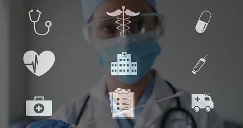 Masked clinician wearing goggles and gloves showing stethoscope with telemedicine health icons