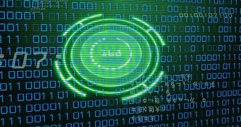 Neon green hud scanning over cyan binary code grid for cybersecurity visualization