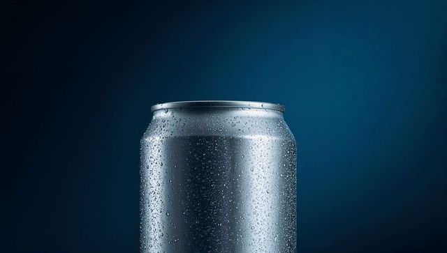 Condensation on glistening metallic beverage can against dark blue backdrop
