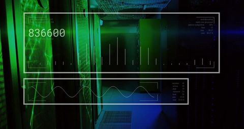 Futuristic Data Center Corridor with Digital HUD Overlay