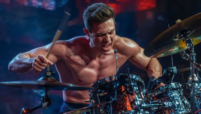 Shirtless rock drummer delivering powerful high-energy performance behind drum kit on concert stage