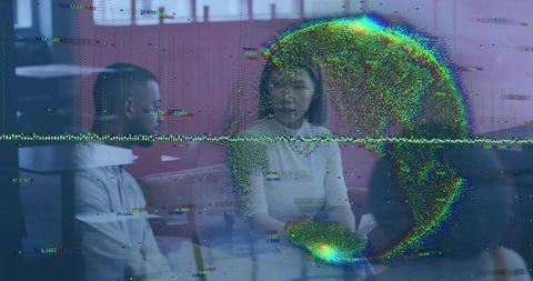 Mid-adult woman leading team meeting with neon digital glitch overlay in modern office