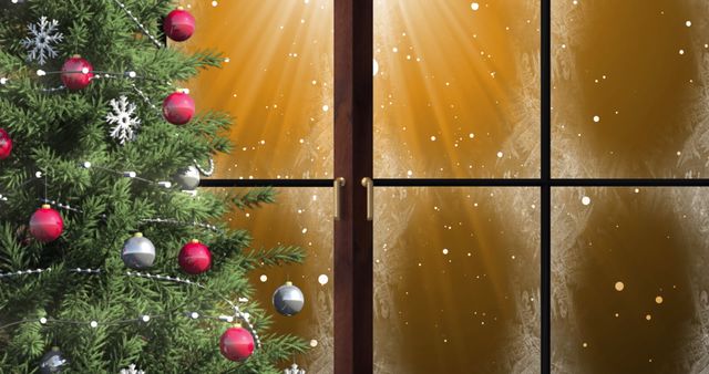 Festive Christmas Tree and Snowy Window Radiating Warmth - Download Free Stock Images Pikwizard.com