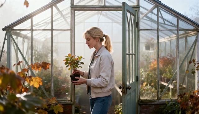 Woman inspecting potted plant in misty greenhouse doorway autumn gardening moment