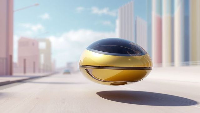 Hovering yellow hover pod levitating above futuristic boulevard with reflective shell
