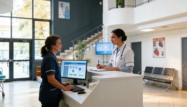 Medical staff consulting at clinic reception desk with computer and stethoscope teamwork