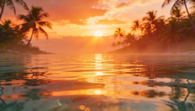 Glowing tropical sunset casting golden reflection across calm water with palm silhouettes