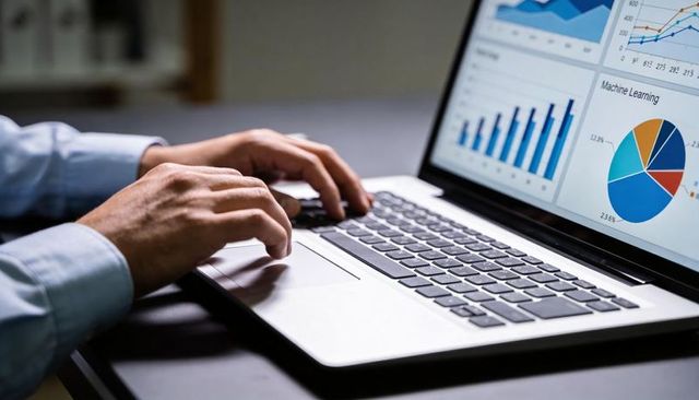 Typing analyst hands analyzing machine learning dashboard on laptop for data insights