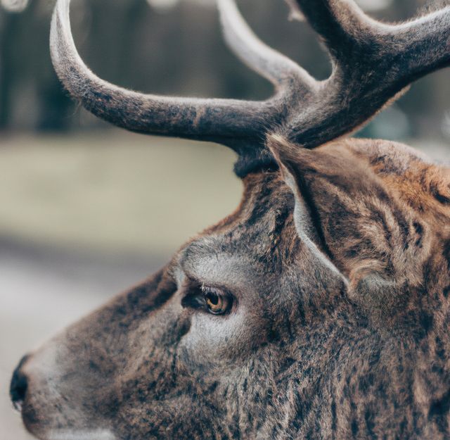 A close-up view of a deer with ornate antlers as it gazes contemplatively. Ideal for usage in wildlife conservation campaigns, nature photography exhibits, outdoor adventure promotions, and educational materials focused on animals and their habitats.