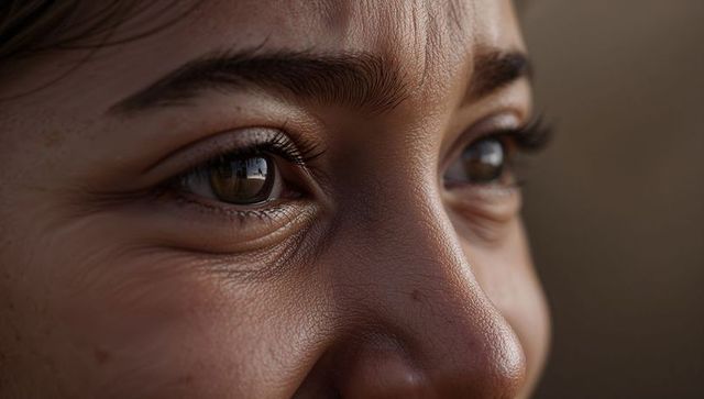 Gazing adult woman showing closeup skin texture and reflective eyes