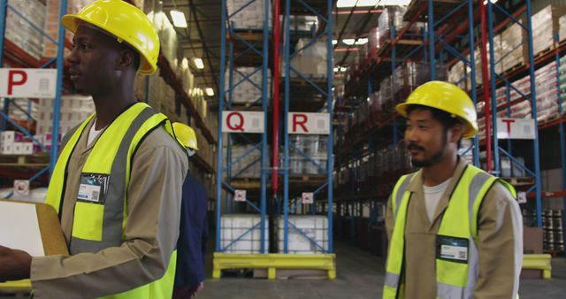 Two diverse male warehouse workers wearing hard hats, holding clipboard and walking in warehouse. Business, work, shipping, storage, protection and industry, unaltered.