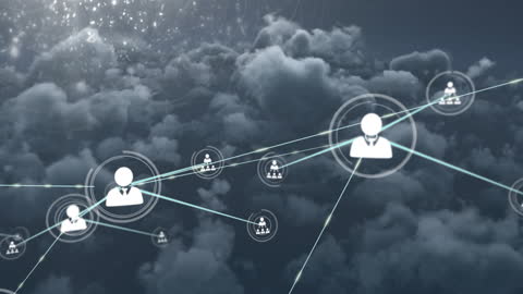 Digital Network of Profile Icons Against Dark Clouds