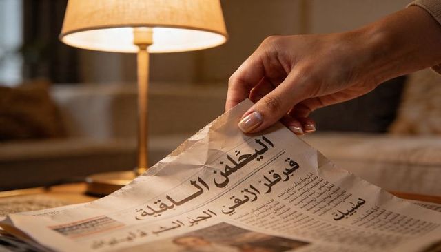 Cozy evening reading with arabic newspaper, female hand turning page under warm lamp light