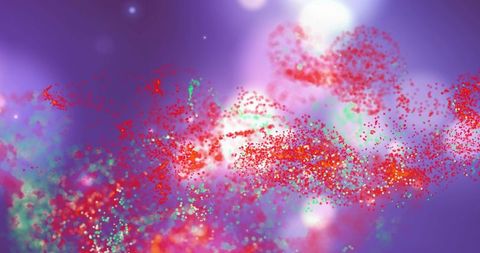 Neon particle cloud flowing over purple gradient, abstract tech nebula with filaments