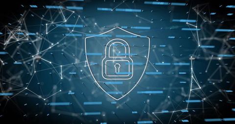 Neon Shield with Padlock Over Wireframe Network for Cybersecurity and Data Protection