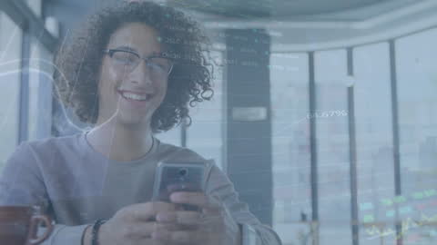 Young Man Analyzing Data with Smartphone and Stock Market Overlay