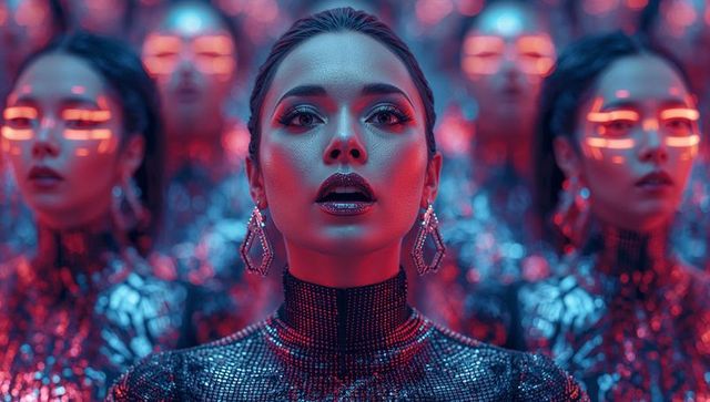 Futuristic Fashion Model in Neon Lights Robo-Dancing Performance