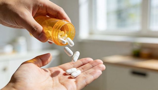 Pouring white tablets from amber prescription bottle into hand in sunlit kitchen