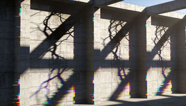 Minimalist Concrete Colonnade Casting Tree Shadows and RGB Glitch Light on Clerestory Walls