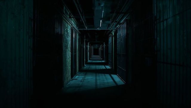 Dark and Gloomy Prison Corridor with Barred Cells