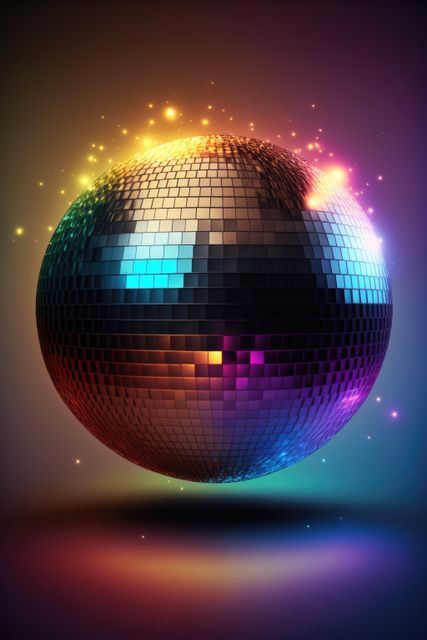 This image showcases a vibrant and glowing disco ball with multicolored lights reflecting off its surface against a dark background. Ideal for use in promotions related to nightlife, dance parties, retro-themed events, celebrations, music festivals, and any event that needs to capture the festive and energetic atmosphere of a disco setting.