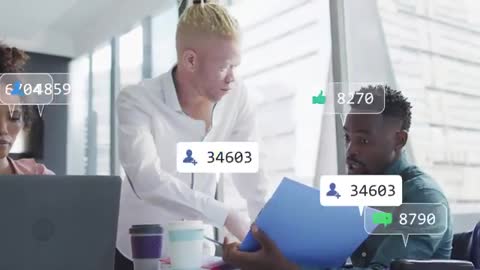 Team Analyzing Social Media Metrics with Live Engagement Overlay in Office