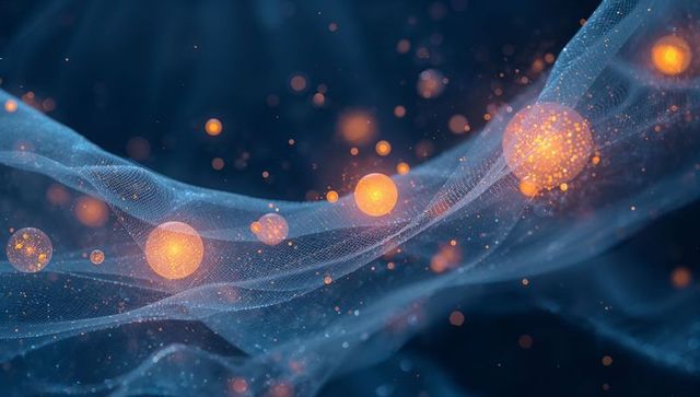 Weaving blue mesh threading orange-gold orbs across deep navy glowing particles