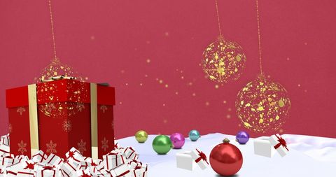 Festive Golden Christmas Baubles with Gifts on Pink Background