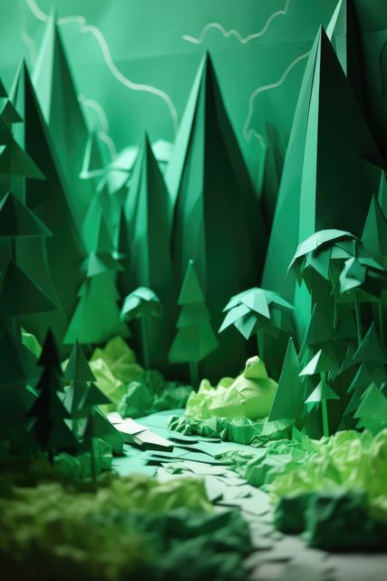 Green origami landscape with trees and mountains, created using generative ai technology. Orgiami art, scenery, nature and pattern concept digitally generated image.