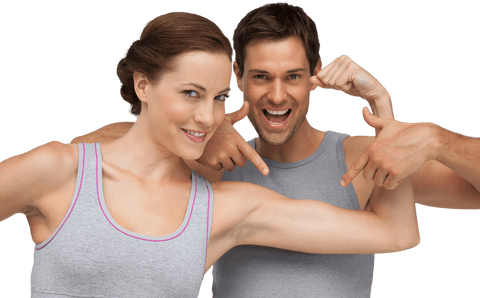 Happy fit couple showcasing muscle strength on a transparent background