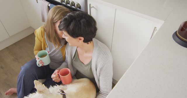 Happy Couple Enjoying Coffee at Home with Pet Dog - Download Free Stock Images Pikwizard.com