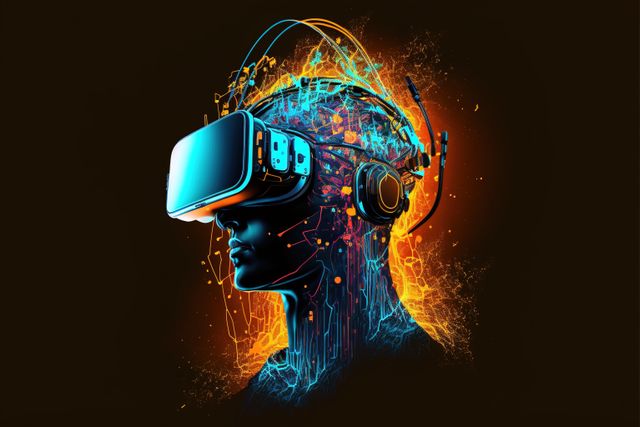 Human head in vr headset with glowing sparks and connections, created using generative ai technology. Cyber technology and futuristic virtual reality headset concept digitally generated image.