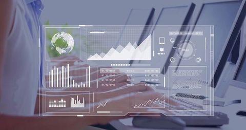 Office worker engaging with holographic analytics in modern workspace