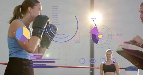 Female boxer throwing punch during coaching session with hud analytics overlay