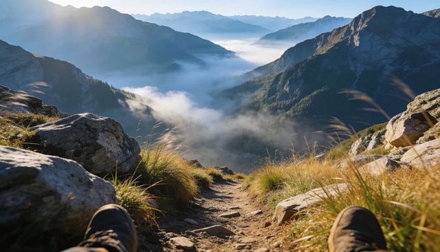 Sitting hiker overlooking mist-filled alpine valley from rugged rocky ridgeline with boots