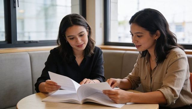 Collaborating over Documents at Round Table in Bright Cafe Workspace, Two Women Studying