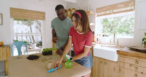 Diverse Couple Potting Seedlings in Rustic Kitchen Setting