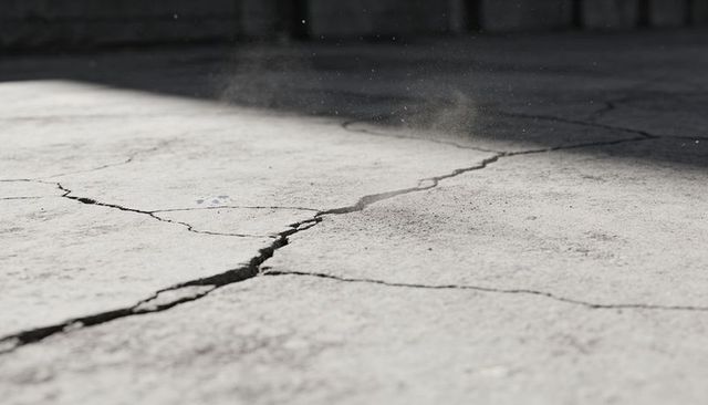 Sunlight casting shadow over cracked concrete slab revealing diagonal fissure and dust particles