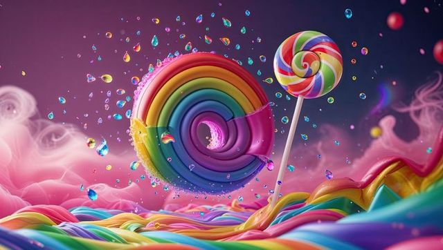 Fantastical Candy Landscape with Floating Rainbow Donuts and Lollipops