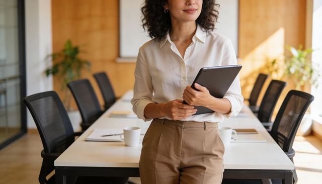 Confident businesswoman leading meeting holding tablet in modern conference room