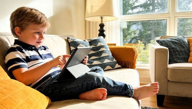 Young boy using tablet on sunlit living room sofa, relaxed cozy family technology moment